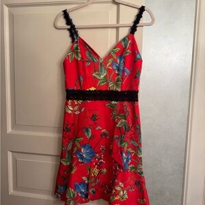 Alice and Olivia Floral Red Dress with Black Lace Straps